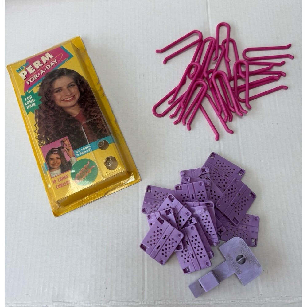 VTG Y2K 1993 90s Perm For A Day for Long Hair Pink Wave Curlers Purple End Clips